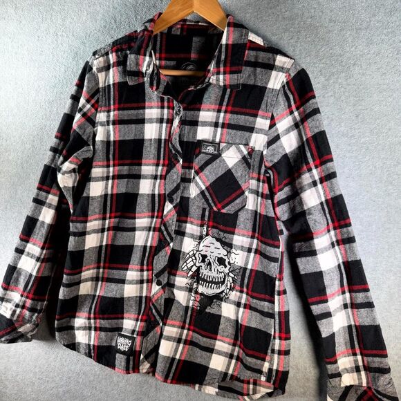 Lurking Class Flannel Shirt Women's Medium Black White Red Plaid Skull Button Up - Picture 5 of 11